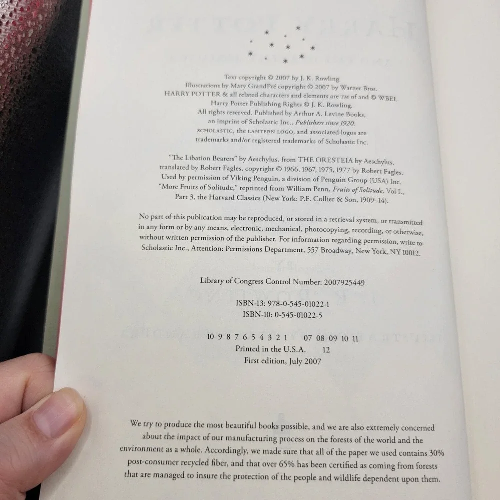 Harry Potter And The Deathly Hallows/ J.K. Rowling 2007 First Edition Hardcover